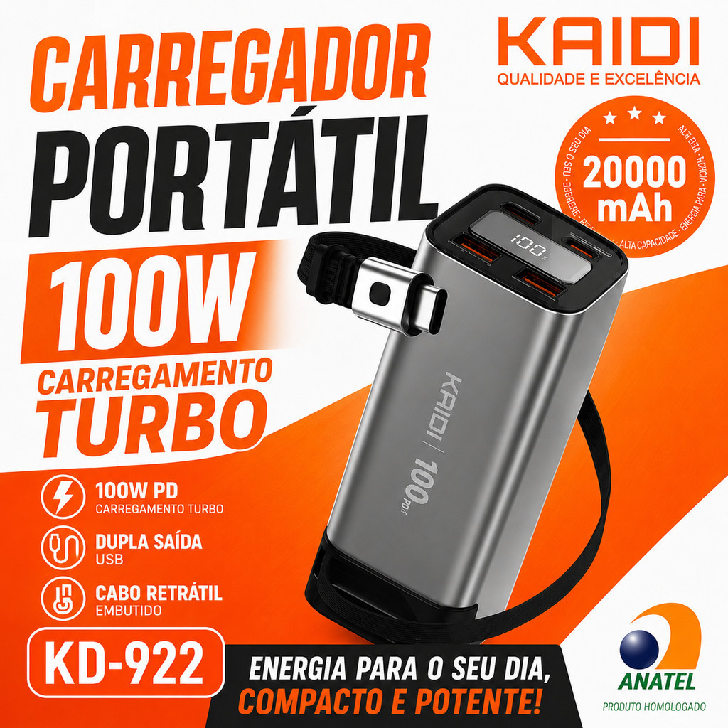 KAIDI KD-922 Power Bank 20000mAh Carregamento Rápido 100W com Cabo Retrátil