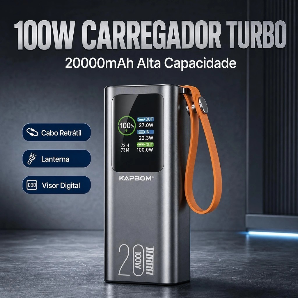 Power Bank 20000mAh 100W Turbo Carregador Portátil Cabo Retrátil Lanterna LED Visor Com ANATEL