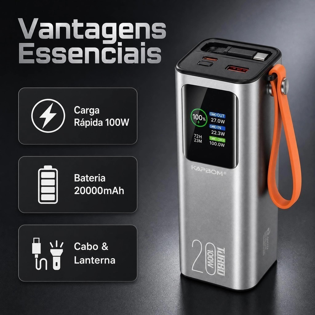 Power Bank 20000mAh 100W Turbo Carregador Portátil Cabo Retrátil Lanterna LED Visor Com ANATEL