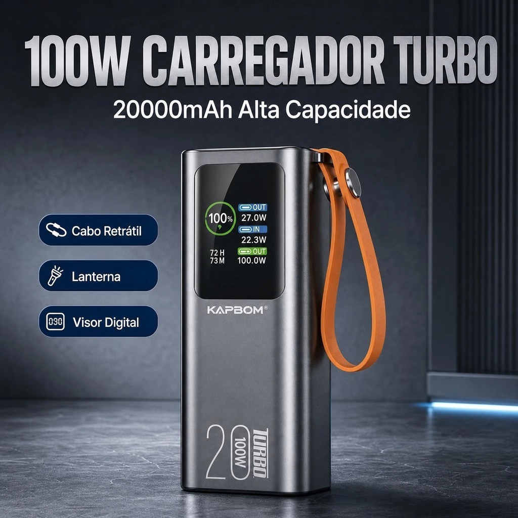 Power Bank 20000mAh 100W Turbo Carregador Portátil Cabo Retrátil Lanterna LED Visor Com ANATEL