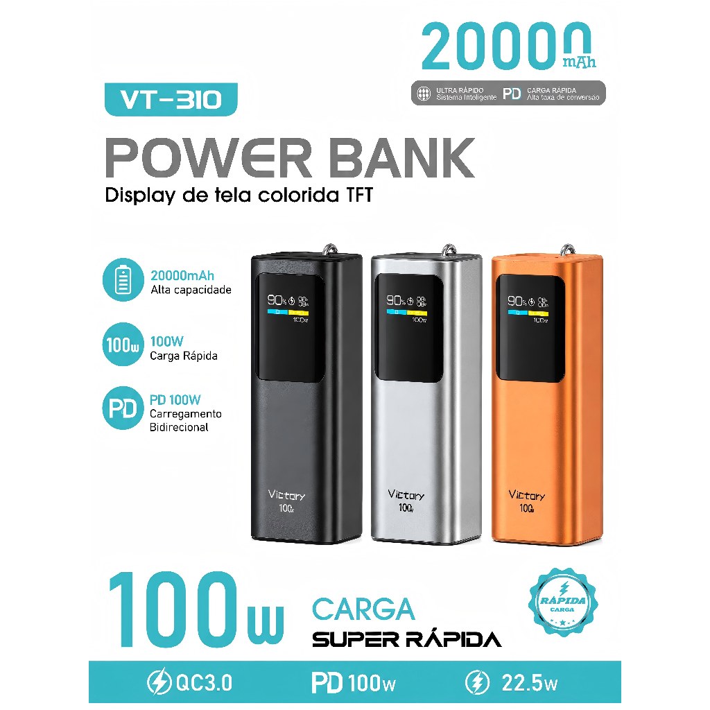 Power Bank 20000mAh 100W Turbo PD USB-C Display TFT Carregador Portátil QC3.0 Compacto
