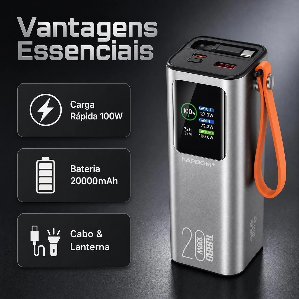 Power Bank 20000mAh 100W Turbo Carregador Portátil Cabo Retrátil Lanterna LED Visor Com ANATEL