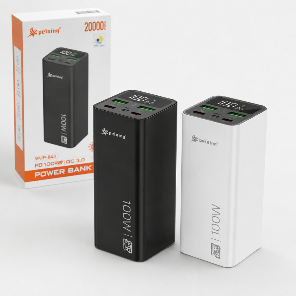 Power Bank Peining 20000mAh 100W PD QC 3.0 Carregador Portátil para Celular Notebook WUP-843 Preto Branco