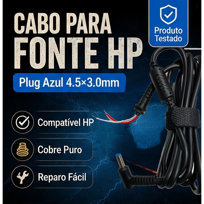 Cabo DC Power Jack Para Fonte HP Plug Azul 4.5×3.0mm Compatível Notebook HP