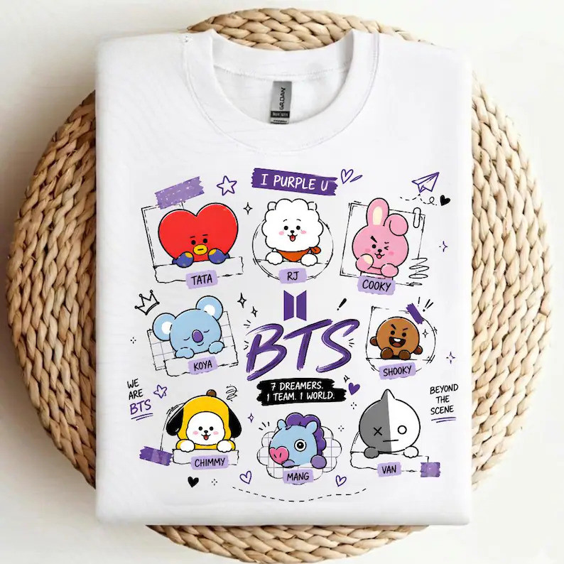 [Camiseta Premium em Algodão Puro]TT BT21 Characters Shirt Png, BTS BT21 Graphic Tee, Cute Kawaii Kpop Fan Gift, Tata Co