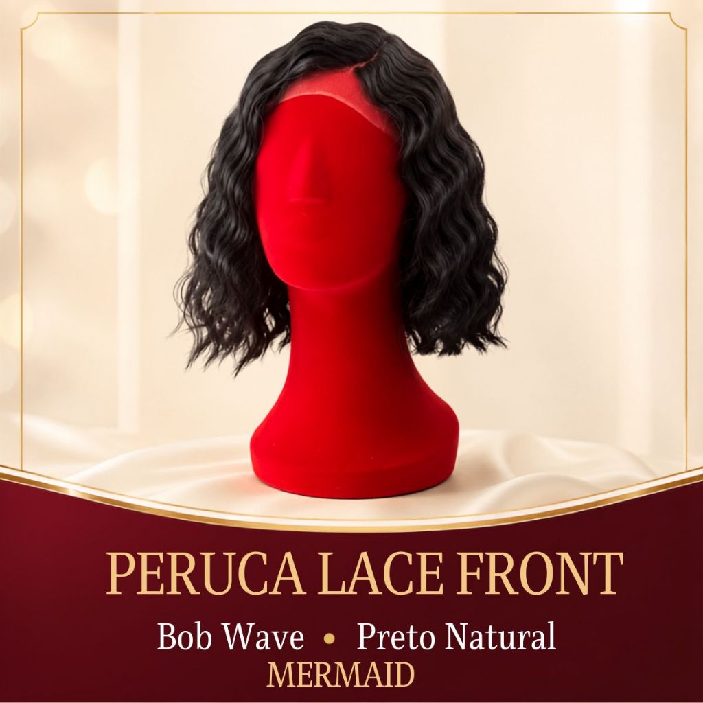 Peruca Curta Ondulada Lace Front Bob Wave Fibra Bio Orgânica Cacheado Natural Luxo Mermaid