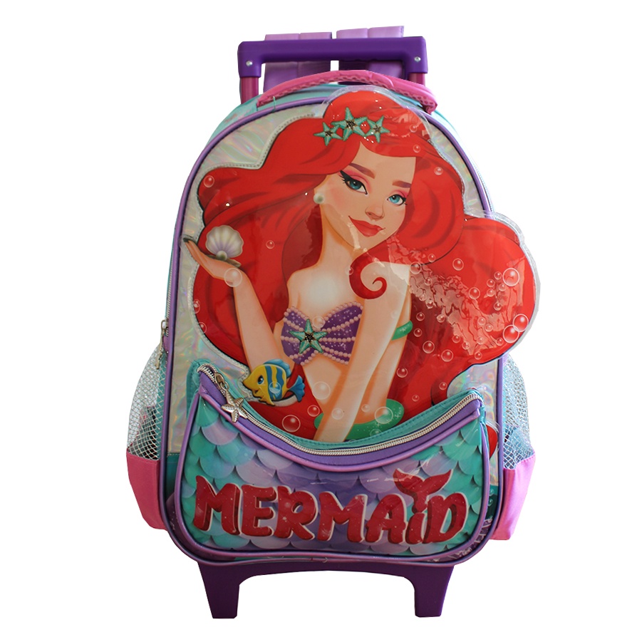 Mochila De Rodinhas + Estojo Duplo Mermaid Feminino Escolar