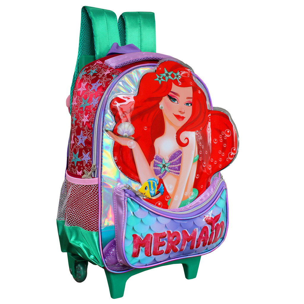 Mochila de Rodinhas Escolar Meninas Pequena Sereia Ariel Mermaid Grande Reforçada Envio Imediato