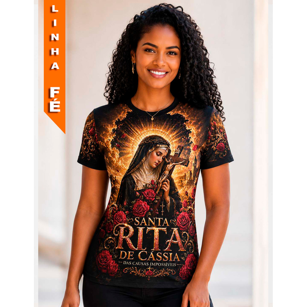 Camisa Premium Santa Rita de Cássia Católica Camisa Religiosa Full Print