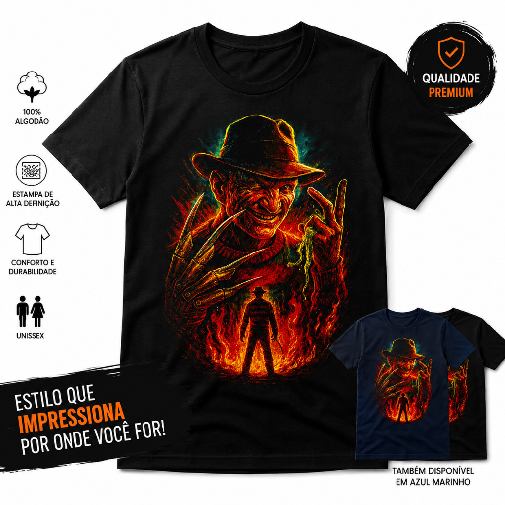 Camiseta Freddy Krueger Inspirado em Terror Horror Halloween Estampa Full Print 100% Algodão Premium Adulto e Infantil