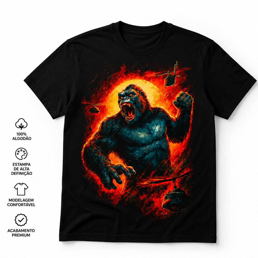 Camiseta King Kong |  Estampa Full Print | 100% Algodão | Preta e Azul-Marinho Unissex
