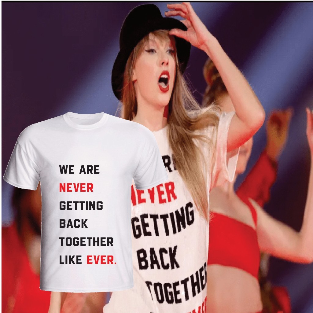 Max Okavango camiseta branca com letra da música de taylor swift we are never getting back together