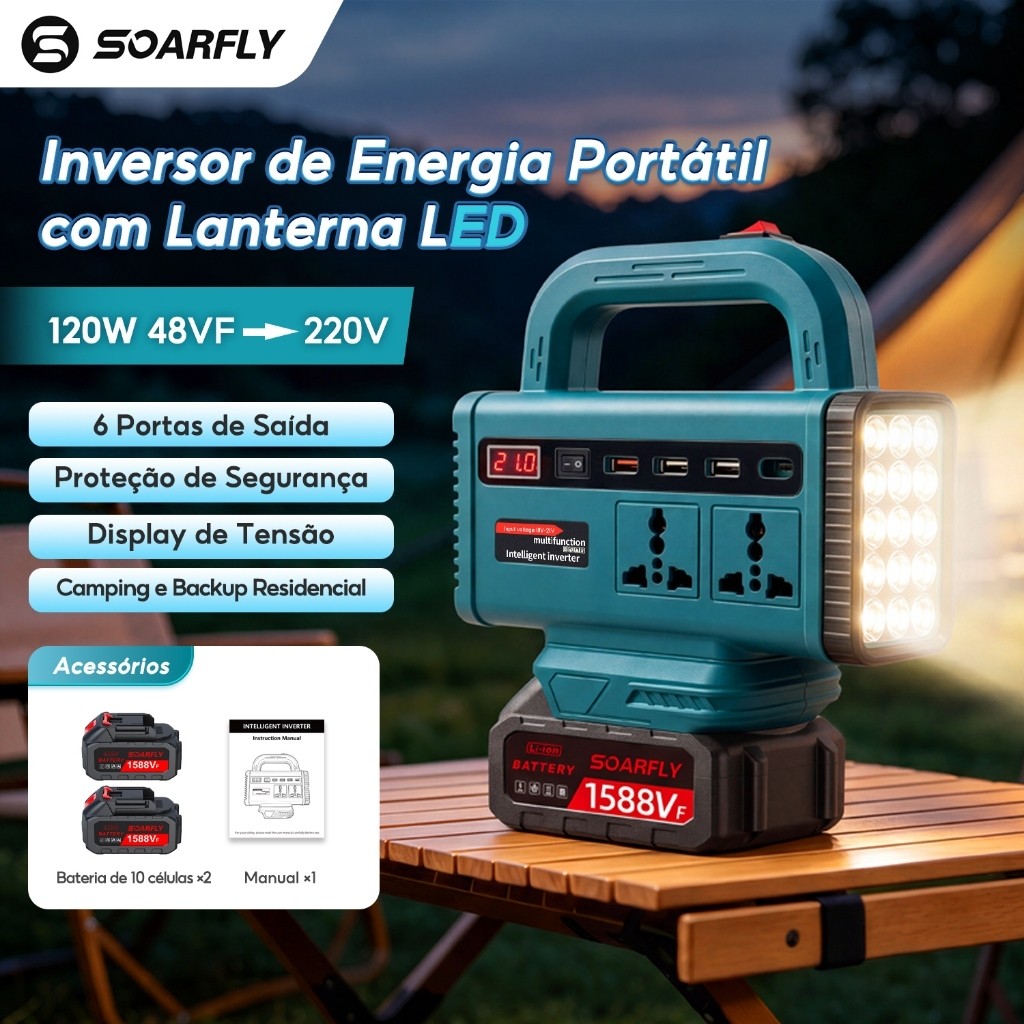 Inversor Portátil Para Bateria De Lítio 48v 2 baterias 220V AC/5V DC/20V