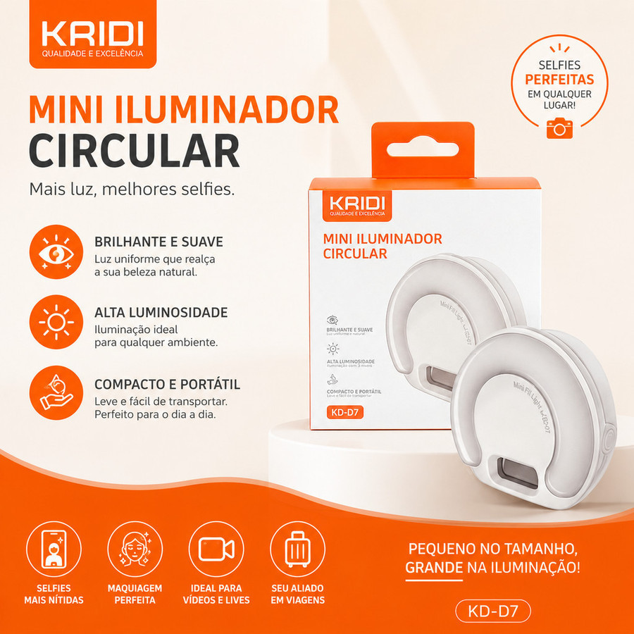 KAIDI KD-D7 Mini Circular Illuminator – 9 Level Selfie Light, 3 Colors, Rechargeable, Cell Phone Clip