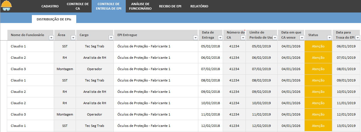 Planilha de controle de entrega de EPI