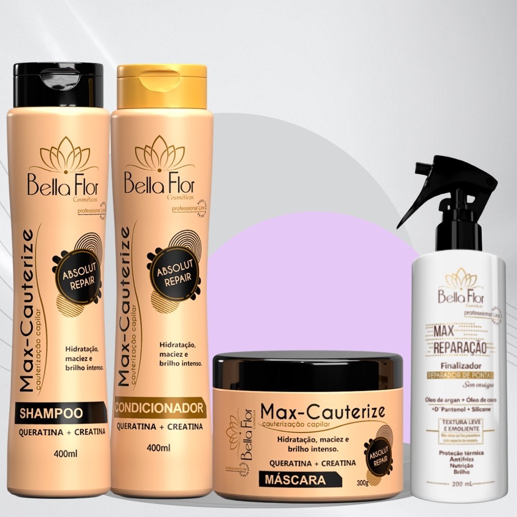 Kit Capilar Cauterize e Max Reparação 4 Produtos Shampoo Condicionador Máscara Reparador de Pontas Bella Flor