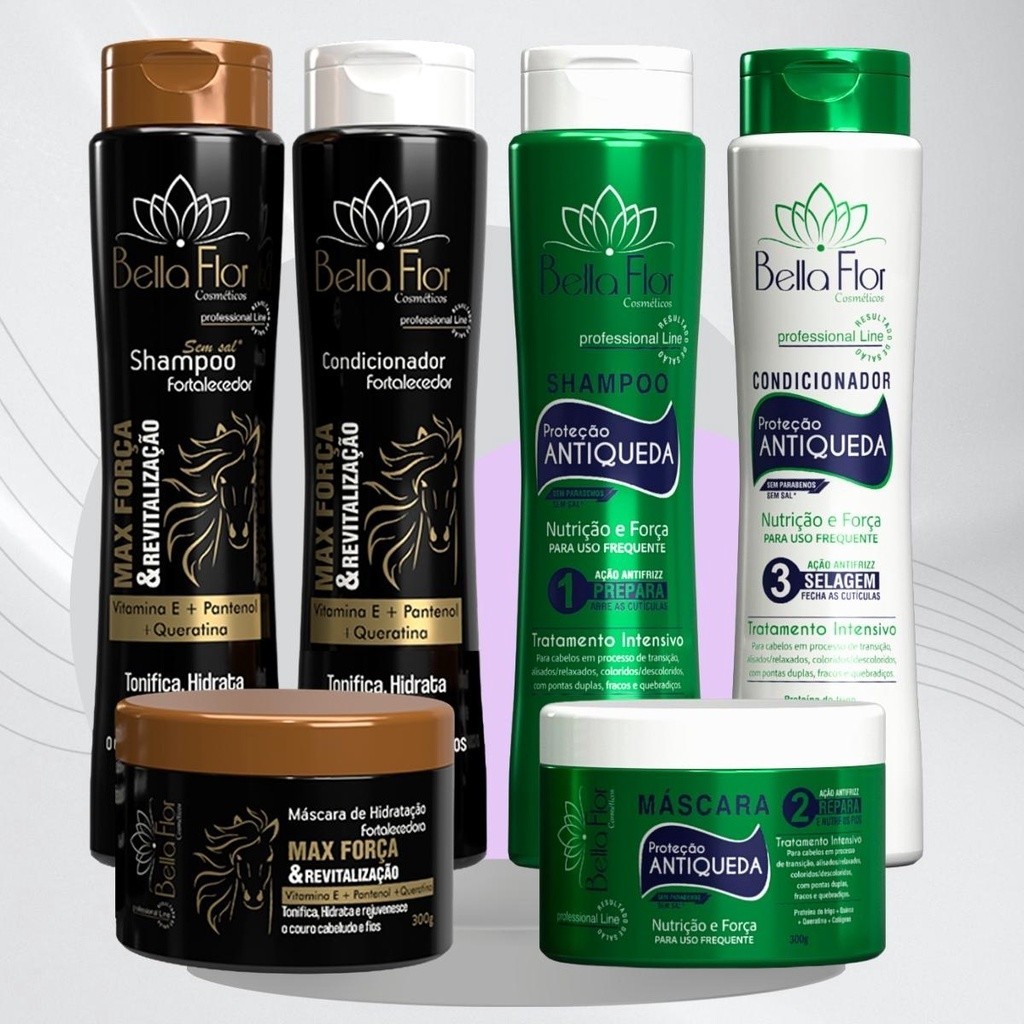 2 Kits Capilares Max Força e Anti-Queda 6 Produtos Shampoo Condicionador Máscara Bella Flor Fortalecimento Brilho