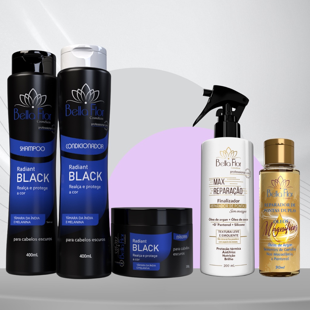 Kit Black + Max Reparação + Reparador de Pontas Duplas Bella Flor Hidratação Reparação Profissional