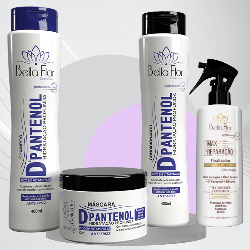 Kit Capilar D-Pantenol e Max Reparação 4 Produtos Shampoo Condicionador Máscara Reparador de Pontas Bella Flor