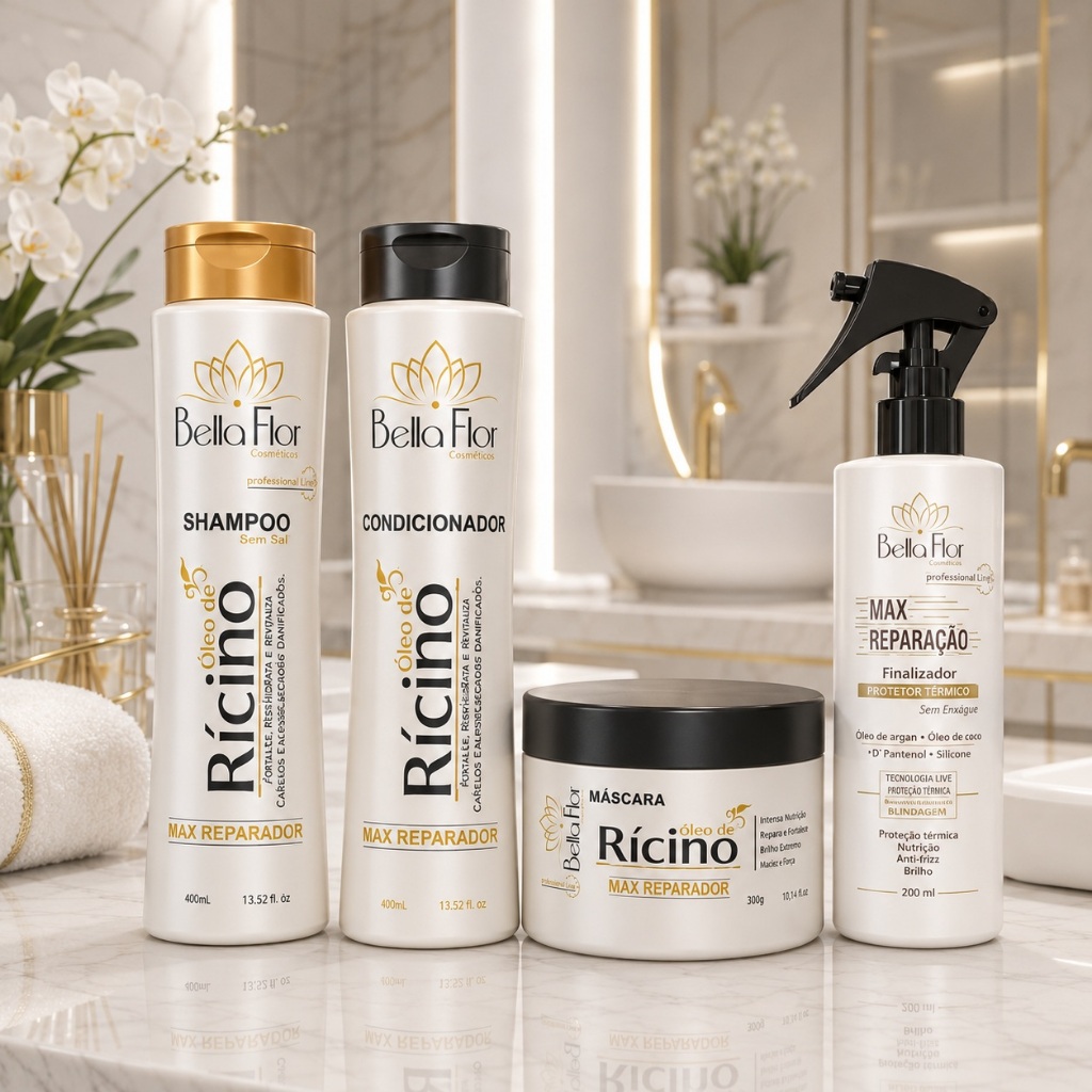 Kit Capilar Óleo de Rícino + Max Reparação 4 Produtos Bella Flor Hidratação Reparação Profissional