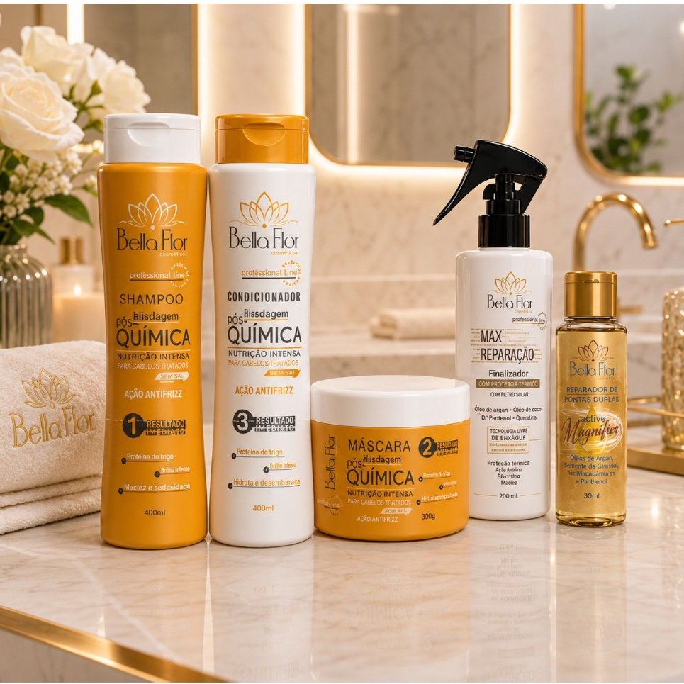 Kit Pós-Química + Max Reparação + Reparador de Pontas Duplas 5 produtos Bella Flor Hidratação Reparação Profissional