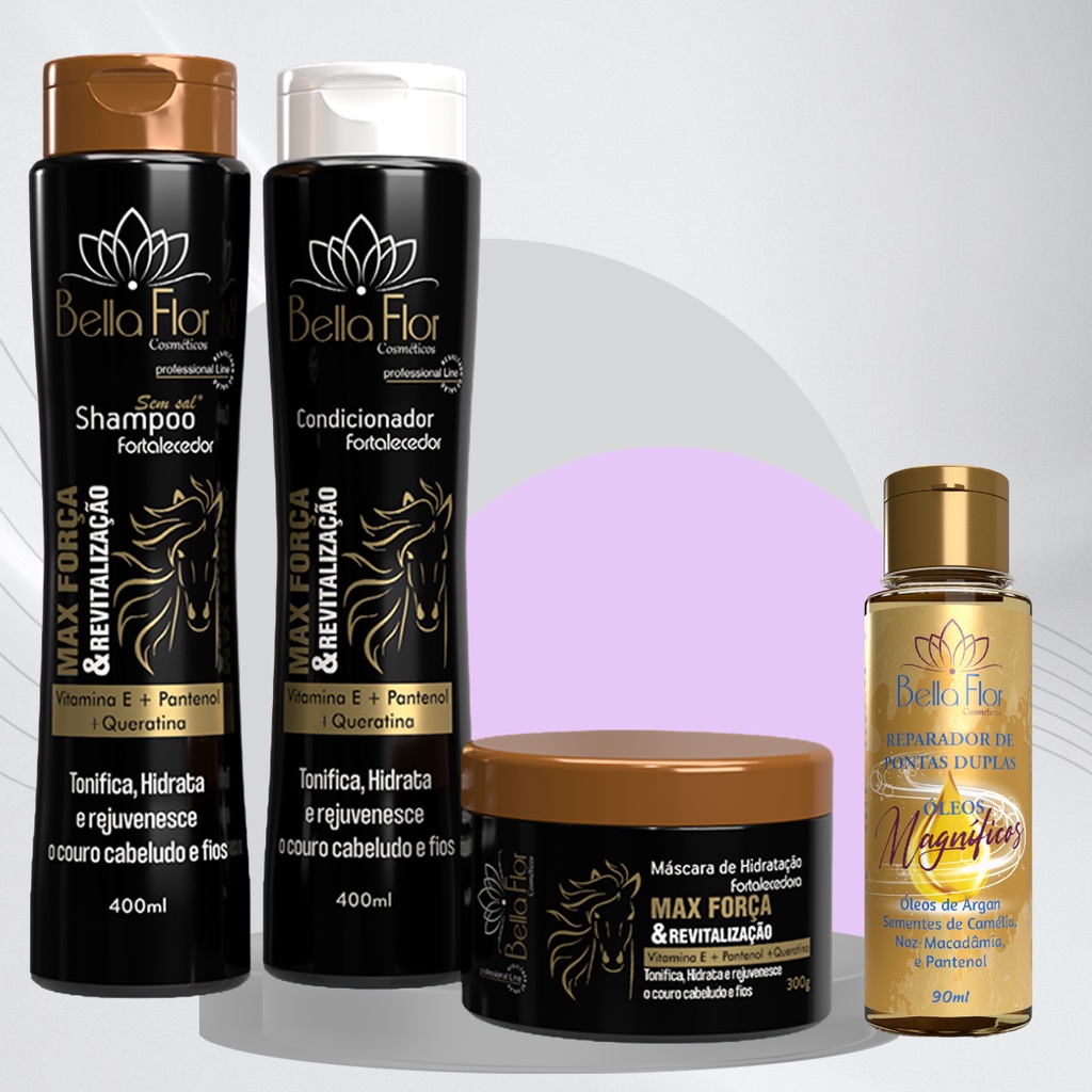 Kit Capilar Max Força 4 Produtos Shampoo Condicionador Máscara Reparador de Pontas Bella Flor Fortalecimento Brilho