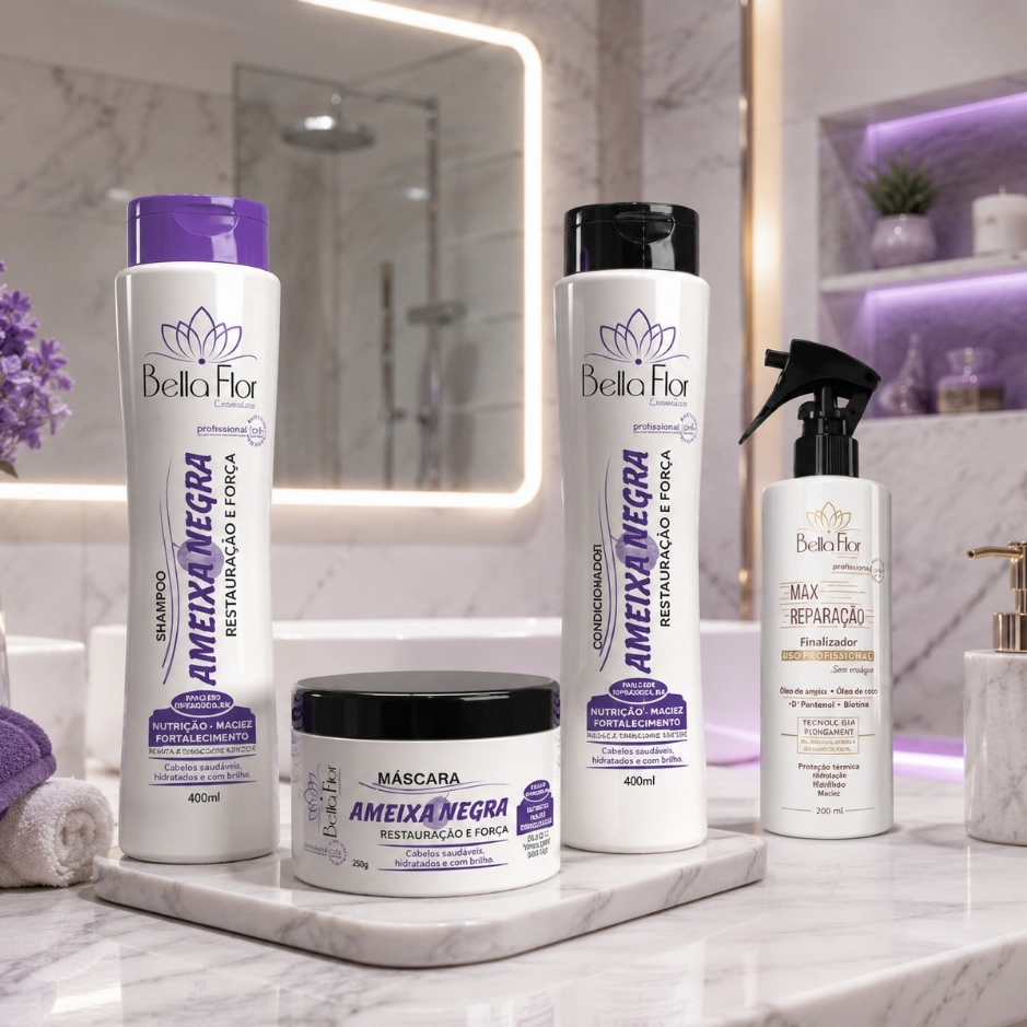 Kit Capilar Ameixa Negra e Max Reparação 4 Produtos Shampoo Condicionador Máscara Reparador de Pontas Bella Flor