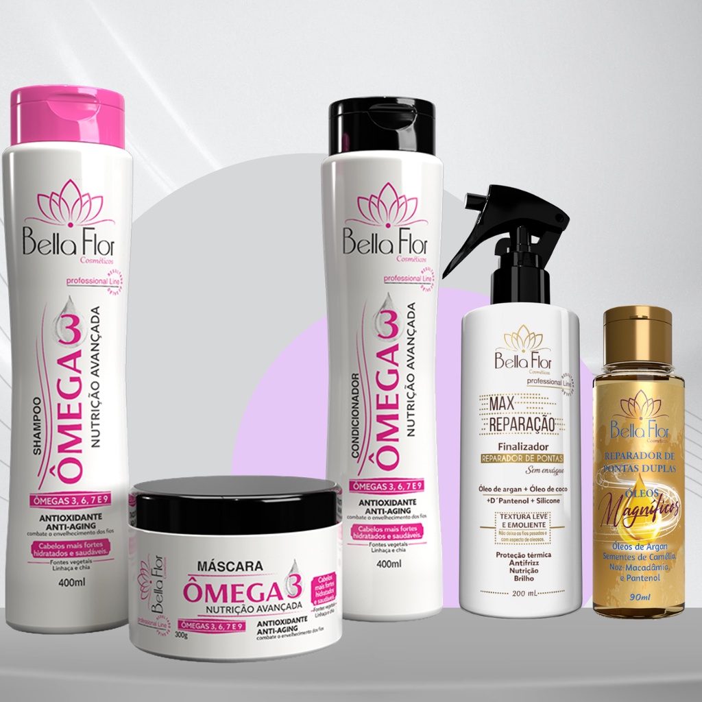 Kit Ômega 3 + Max Reparação + Reparador de Pontas Duplas Bella Flor Hidratação Reparação Profissional