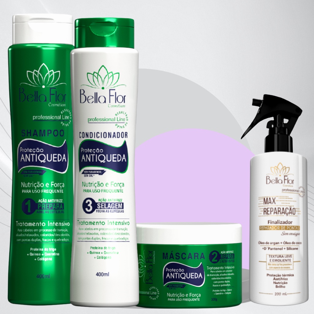 Kit Capilar Anti-Queda + Max Reparação 4 Produtos Bella Flor Fortalecimento Brilho Profissional