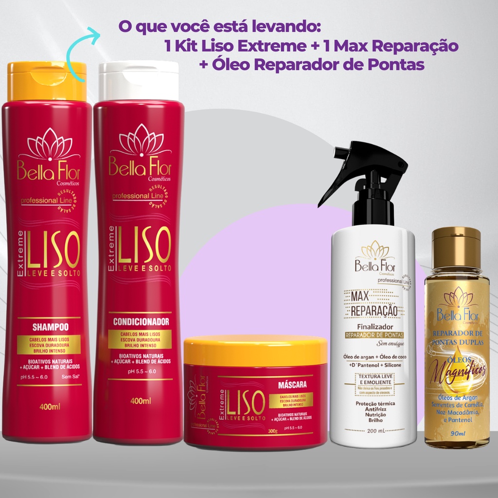 Kit Liso + Max Reparação + Reparador de Pontas Duplas Bella Flor Alinhamento Anti-Frizz Profissional