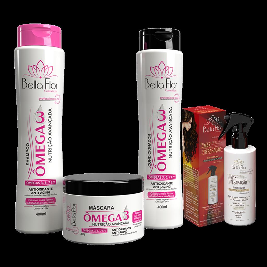 Kit Capilar Ômega 3 + Max Reparação 4 Produtos Bella Flor Hidratação Reparação Profissional