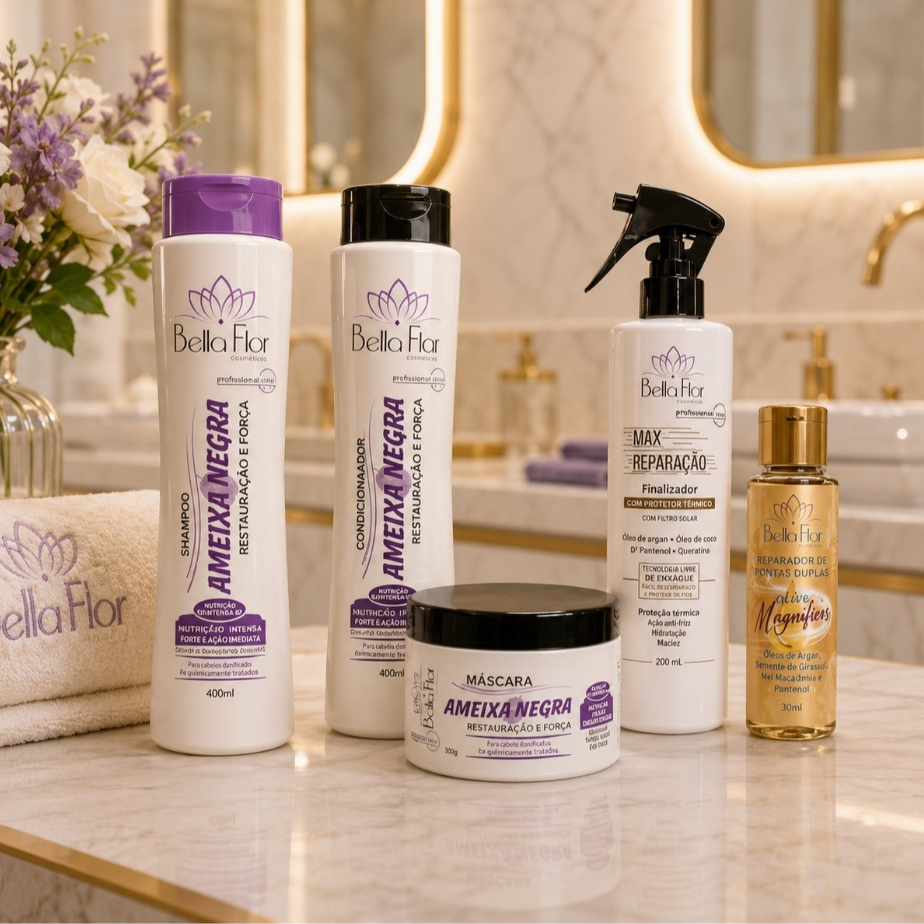 Kit Ameixa Negra + Max Reparação + Reparador de Pontas Duplas Bella Flor Hidratação Reparação Profissional