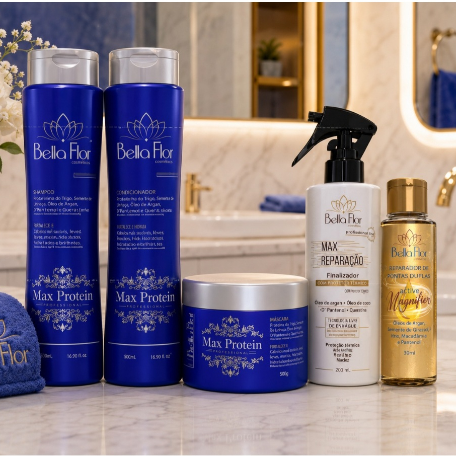 Kit Max Protein + Max Reparação + Reparador de Pontas Duplas Bella Flor Fortalecimento Brilho Profissional