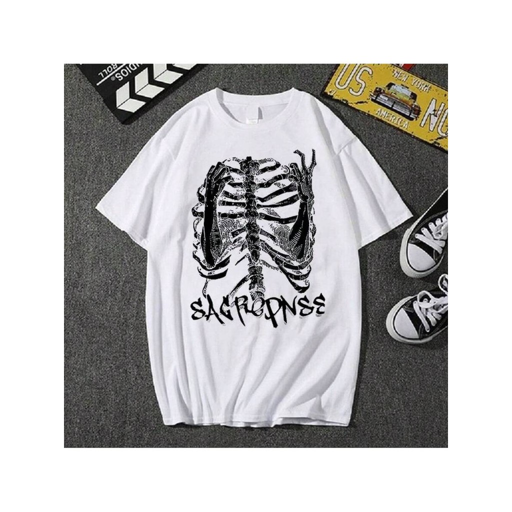 Camiseta Masculina Sagrepnse Pulmao Esqueleto Punk Gotico Harajuku  Unissex  Algodão Streetwear