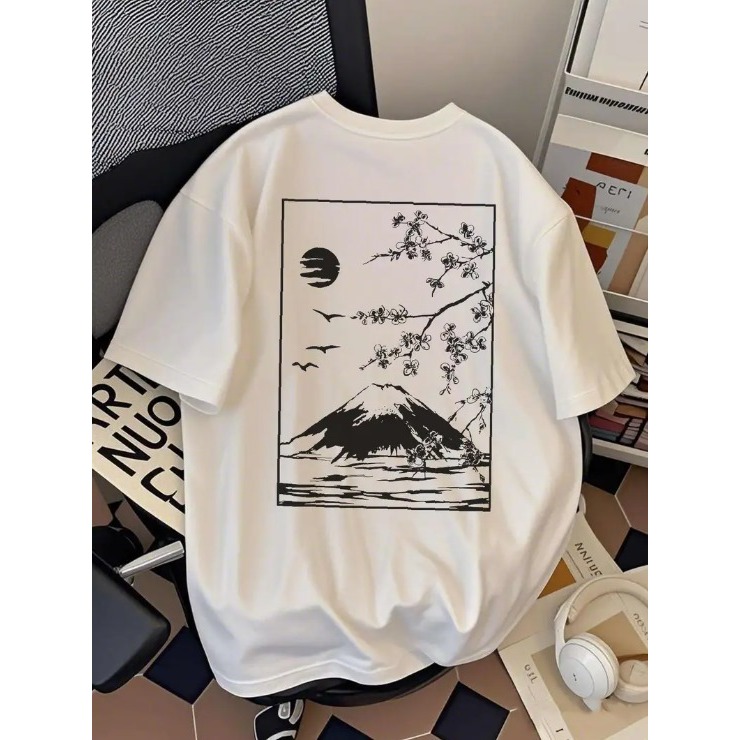 Camiseta Masculina Estampa de Paisagem Japonesa 100% Algodão Harajuku Streetwear Design Flor