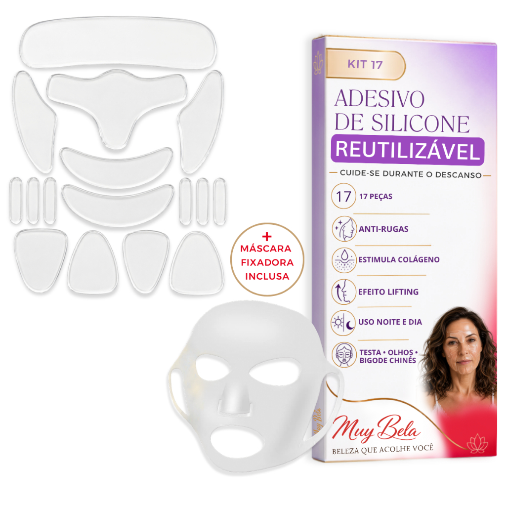 Kit Adesivo Anti Rugas Muy Bela 16 Peças + Máscara Facial Rosa | Silicone Reutilizável Lifting Natural | Skin Care Pele