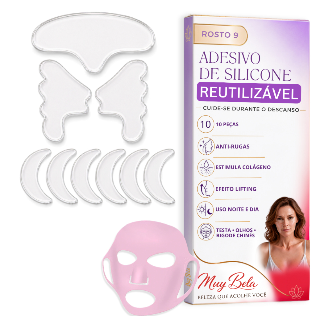 Kit 9 Adesivos Anti Rugas + Máscara Facial | Adesivo de Rosto Silicone | Lifting Facial | Skin Care Noturno Reutilizável
