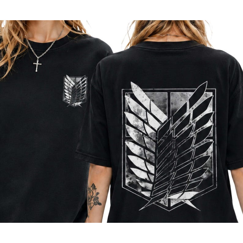Camisa De Manga Curta Attack On Titan Alas Da Liberdade, Algodão, Cor Preta, Estampa Desgastada Simbolo Tropa De Explora