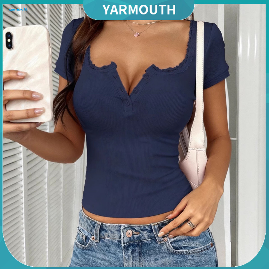 Women Tops Slim Fit Women’s Ribbed Square Neck Top Short Sleeve Lace Splicing Stretchy Shirt with Buttons Wear Blouse
