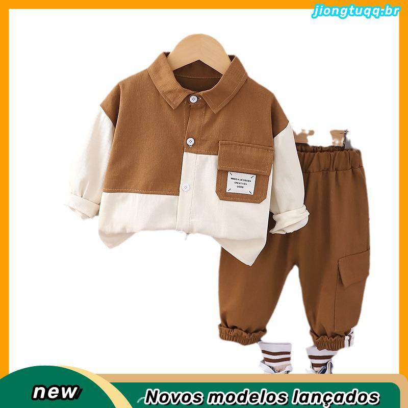 Nova Primavera Outono Baby Boy Girls Casual Clothes Set Outfits Boys Splicing Lapel Pocket Shirt Coat + Pants 2PCS Tern