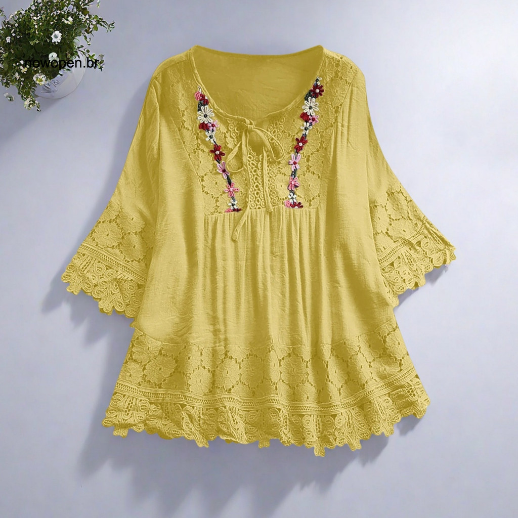 Embroidery Lace Flower Splicing Shirt Summer Fashion Tee Women’s V-neck Lace-up Half Sleeve Pullover Loose Fit Top Sol