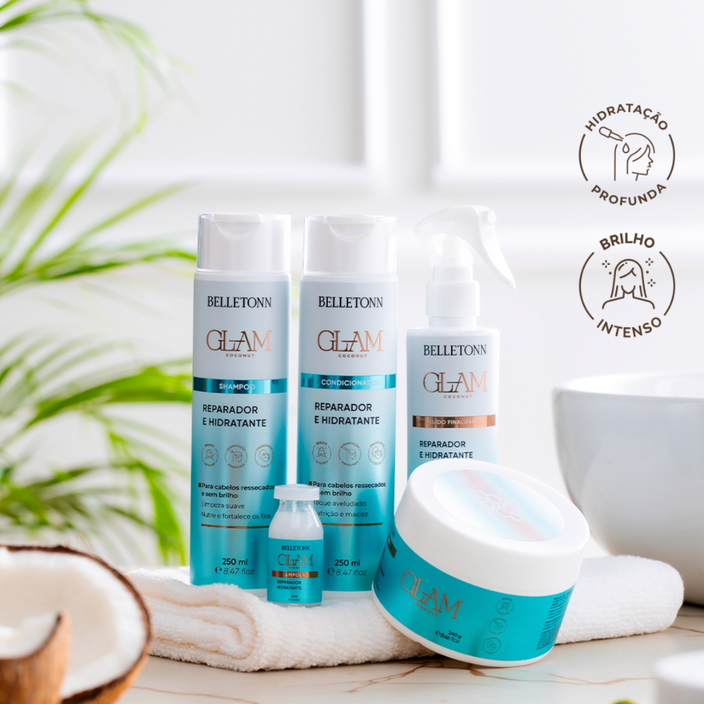 Kit Capilar Completo Glam Experience Belletonn 5 Itens Shampoo Condicionador Máscara Ampola Fluído Brilho Antifrizz Coco
