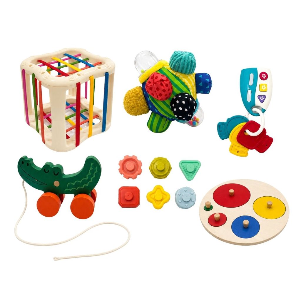 Kit Brinquedo Montessori Bola Sensorial Bebê Cubo Formas Chocalho Jacaré de Puxar Experience Maxi Baby