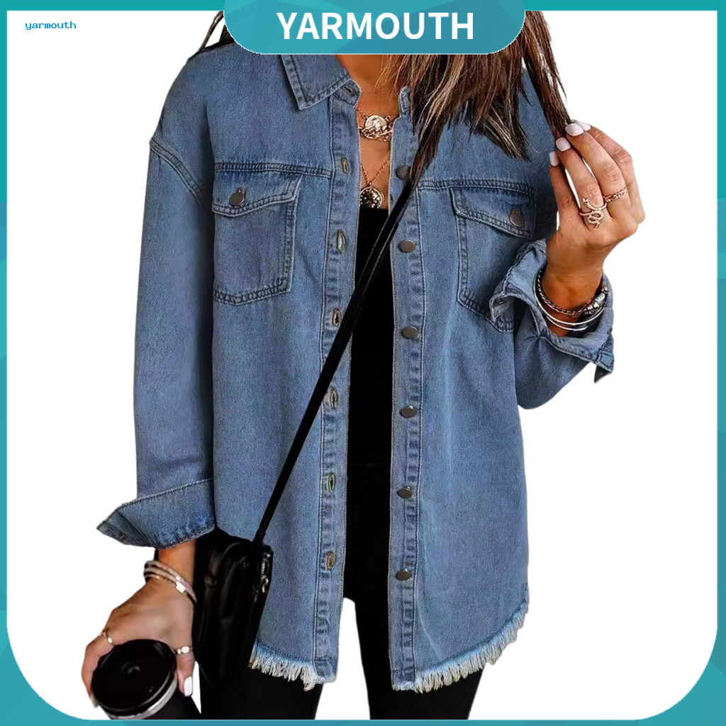 Solid Color Lapel Coat Single-breasted Women’s Denim Jacket with Breast Pockets Turn-down Collar Washed Long Sleeve Lo