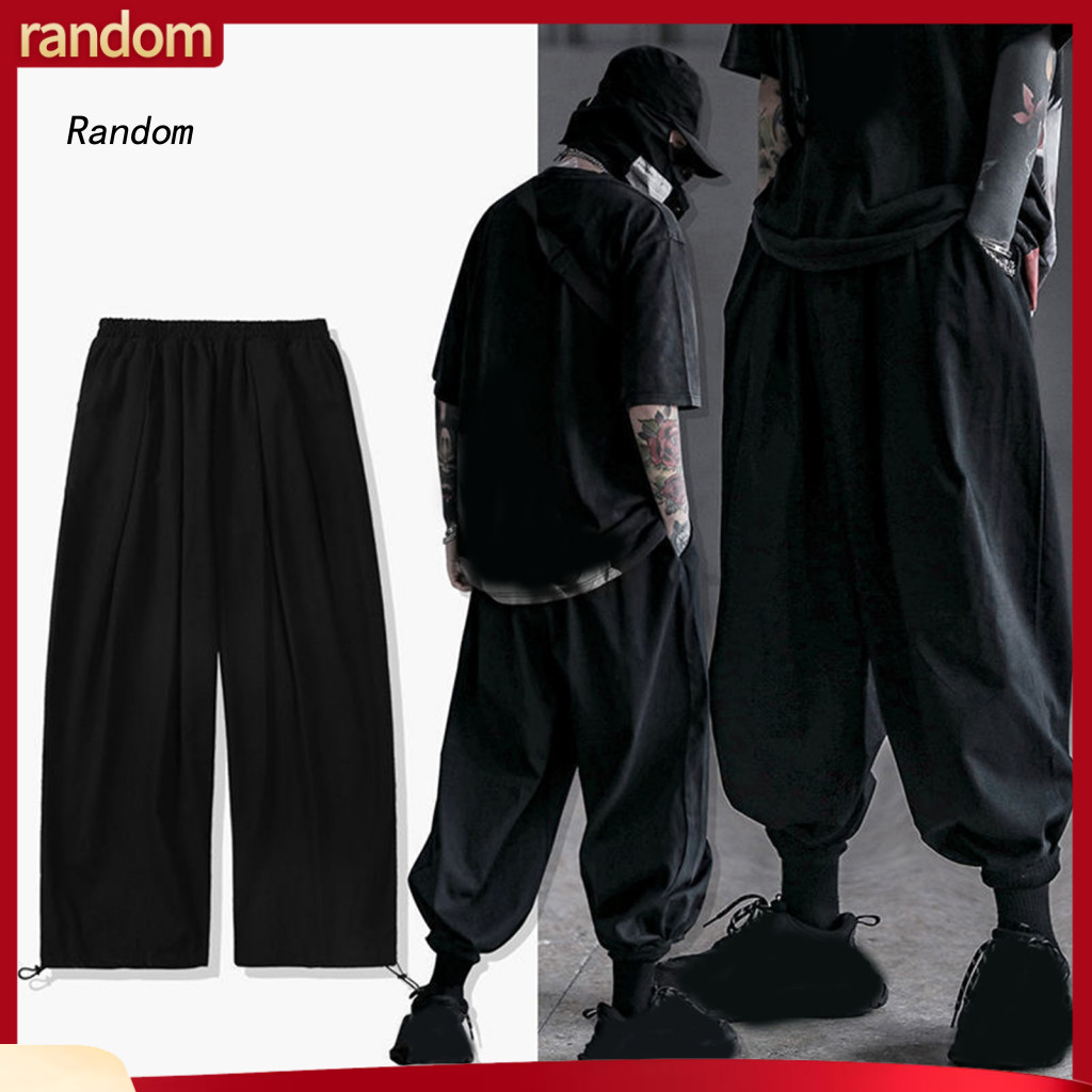 Men Casual Drawstring Pants Waist Men's Japanese Style Harem Loose Fit Deep Crotch Ankle Cuffs Breathable Hip Hop Street