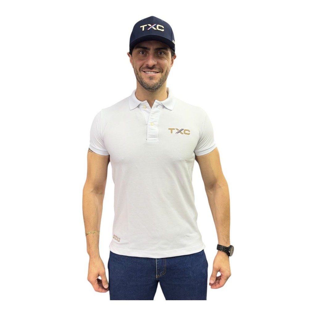 CAMISA GOLA POLO TXC MASCULINA BRANCO REGULAR CUSTOM BORDADO APLICADO