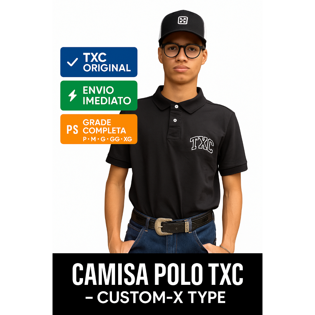 Camisa Polo TXC Masculina Country Piquet Custom-X Regular Preta – Envio Imediato