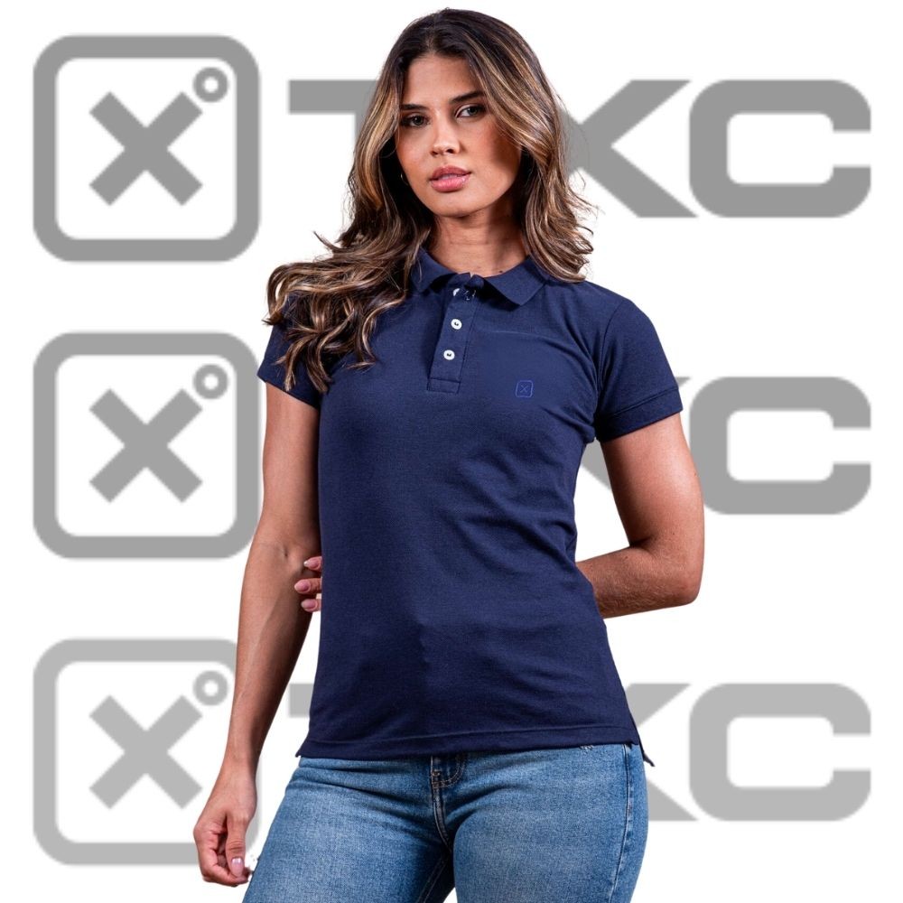 Camisa Gola Polo Feminina Original TXC Manga Curta Custom Slim Azul Marinho Com Logo Bordada