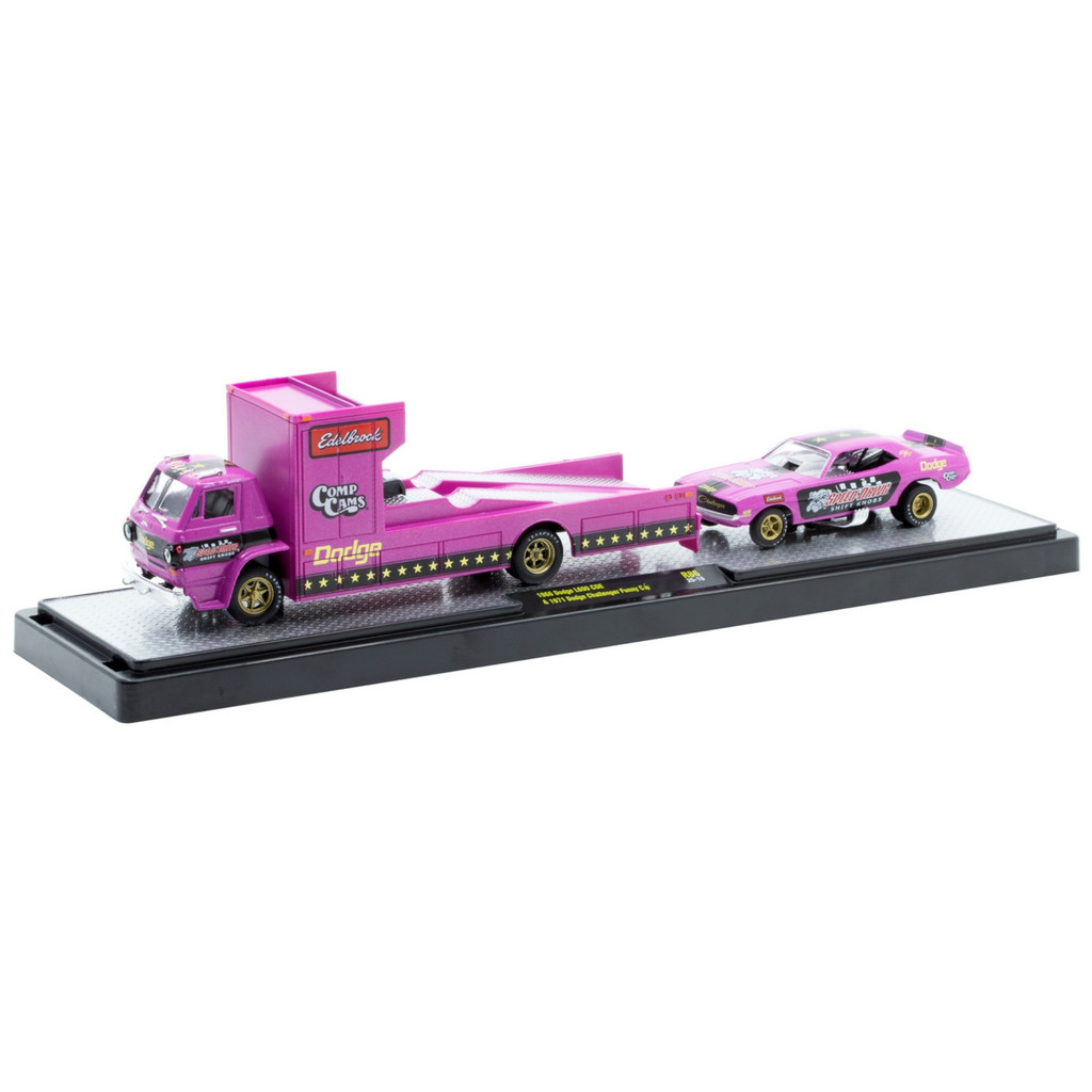 Miniatura Dodge L600 COE 1966 e Dodge Challenger Funny Car 1971 - Speed Dawg - Auto Hauler 86 - M2 Machines - 1:64