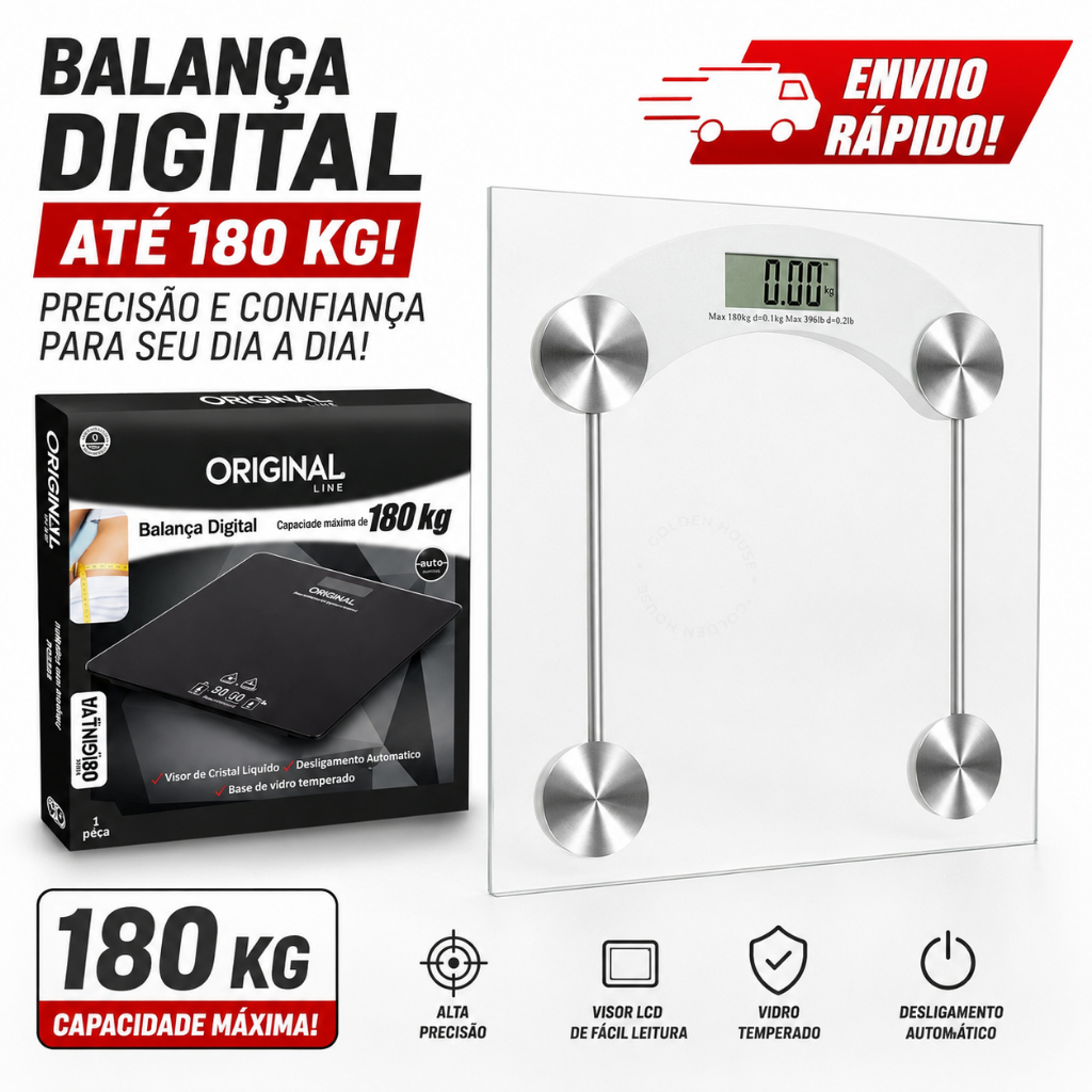 Balança Digital Corporal 180kg Vidro Temperado Display LCD Portátil